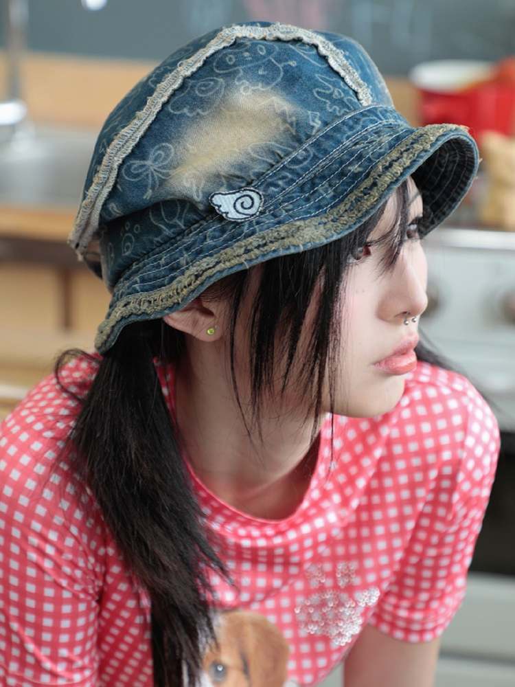 Y2K Retro Japanese Style Angel Wings Denim Fisherman Hat