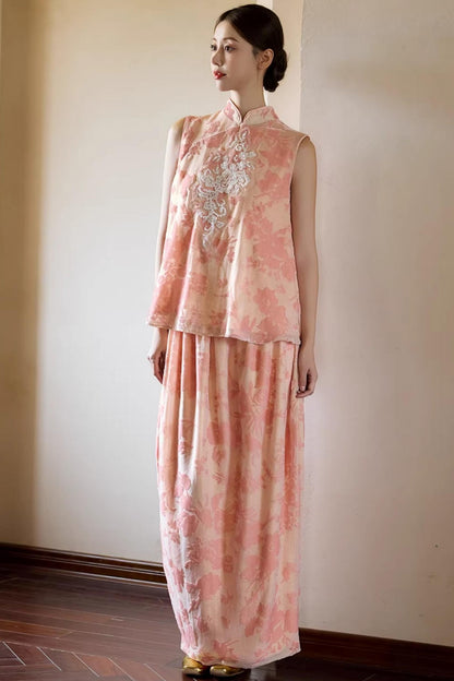 Embroidered Pink Cheongsam Skirt Set-Up