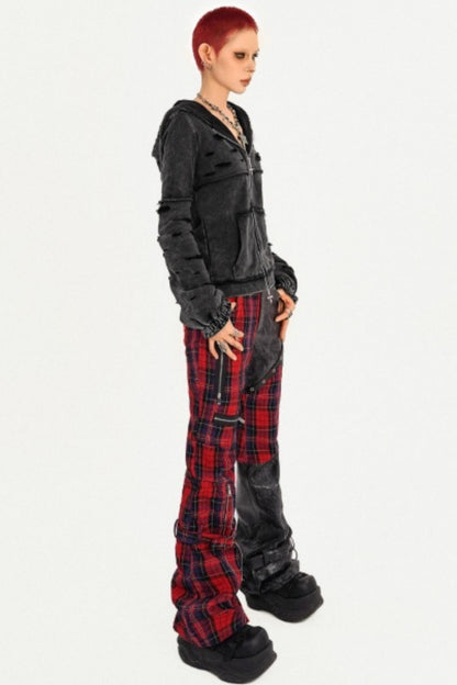 Plaid Patchwork Leather Pants