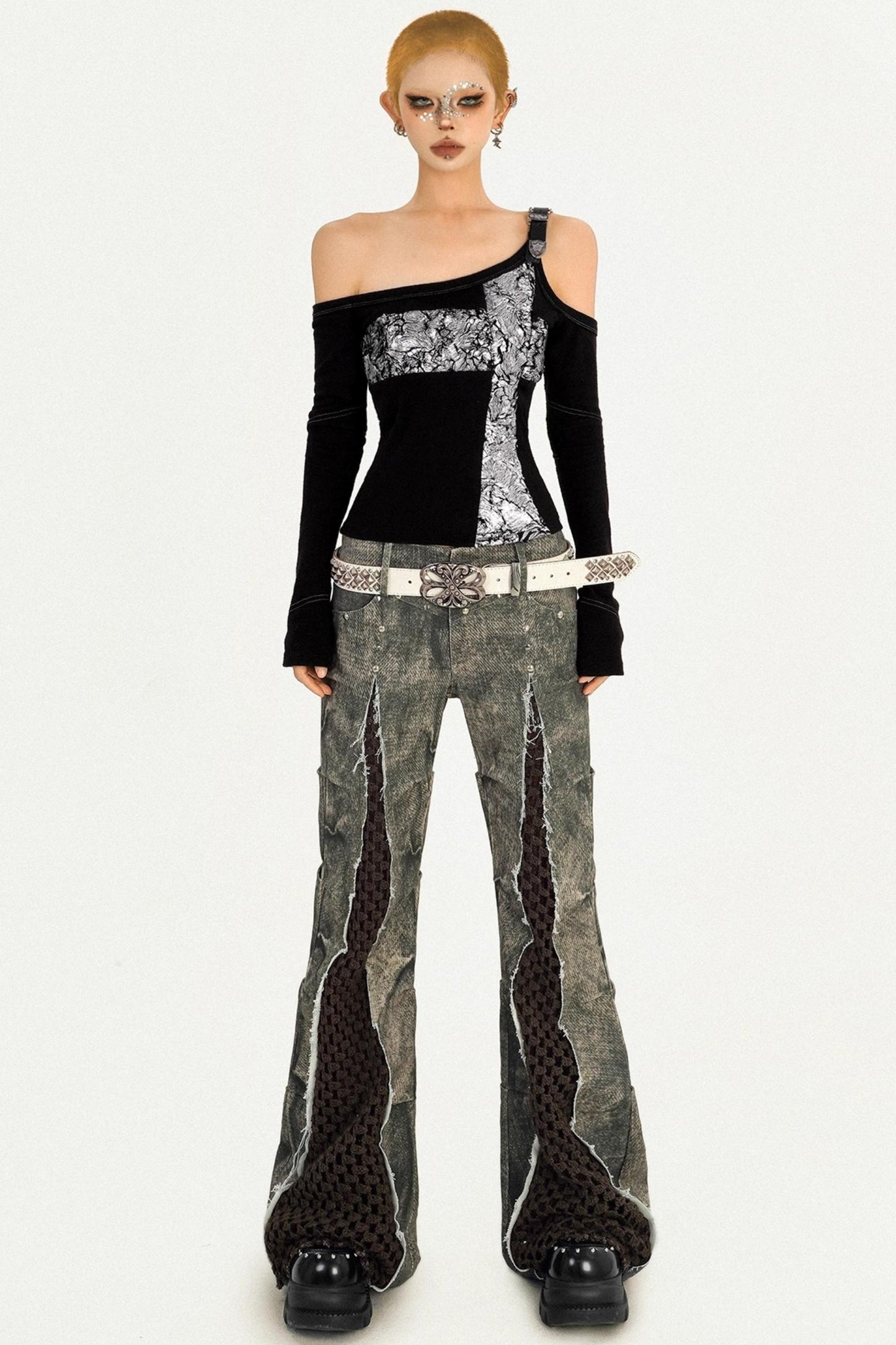 Black Flocked Sleeve Slim Top