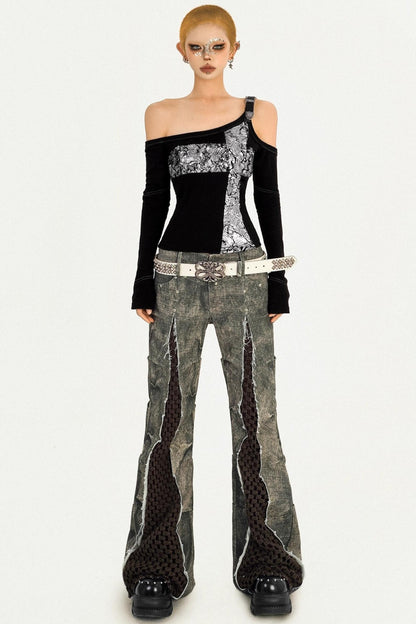 Black Flocked Sleeve Slim Top