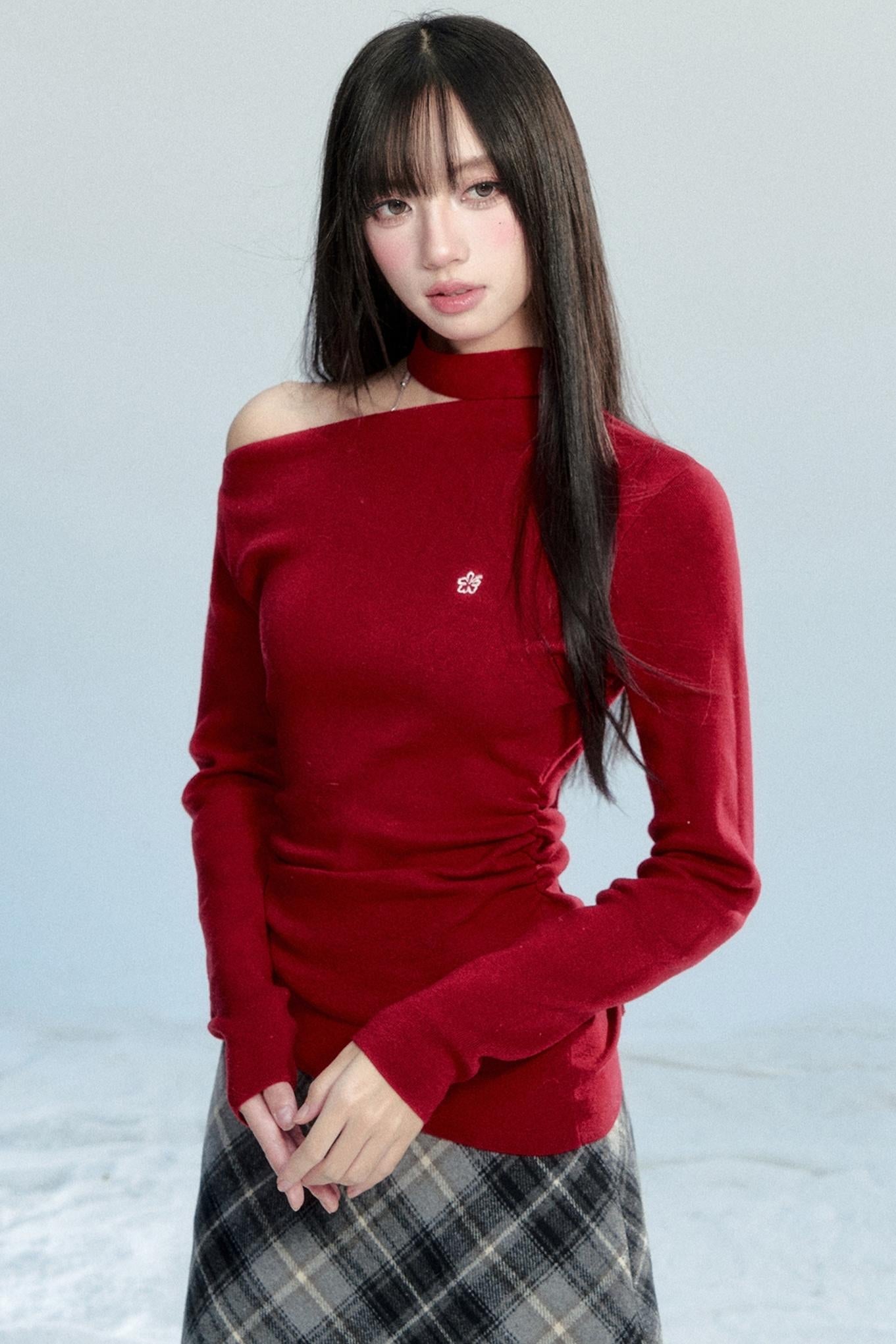 Red Off-Shoulder Knit Top