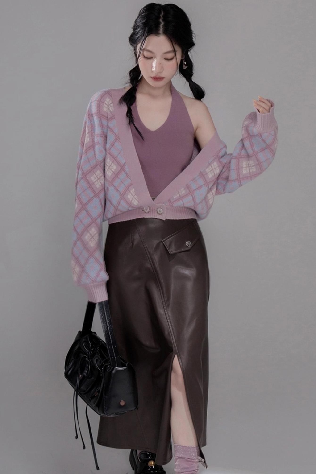 Rich and Crafty Brown Slit Leather Skirt