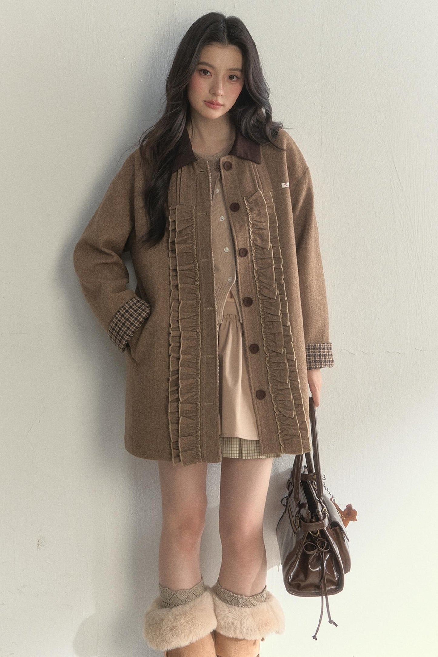 Vintage Khaki Houndstooth Wool Coat