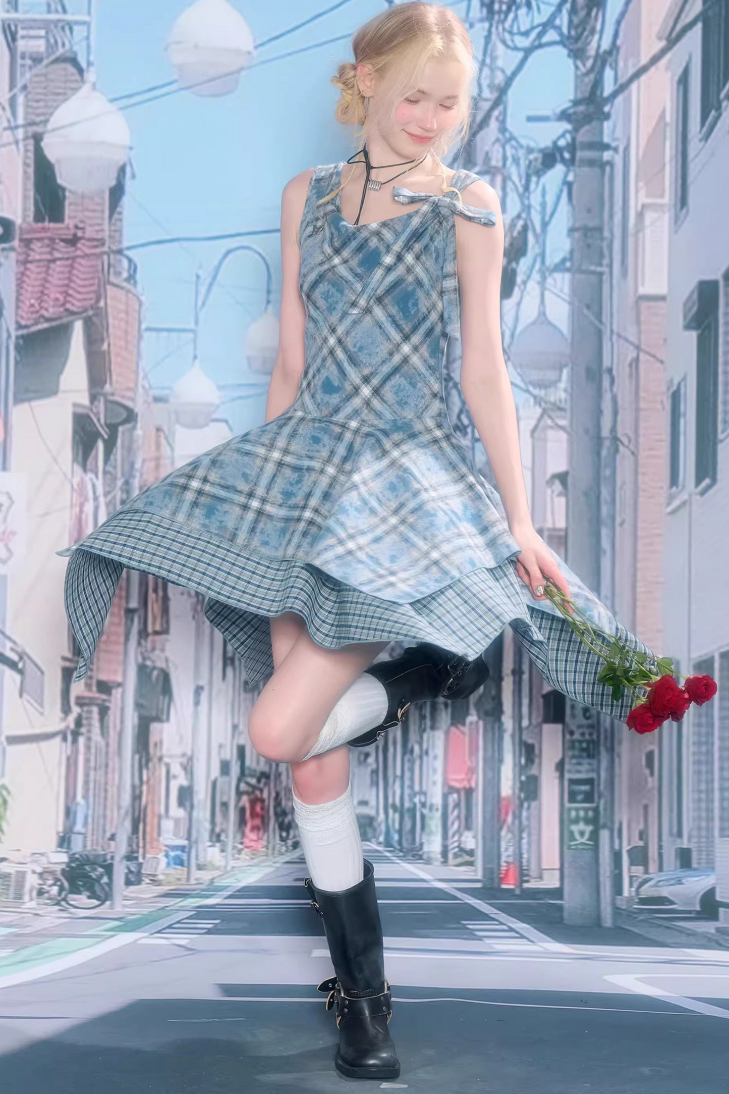 Sea Mist Plaid Strap Dress
