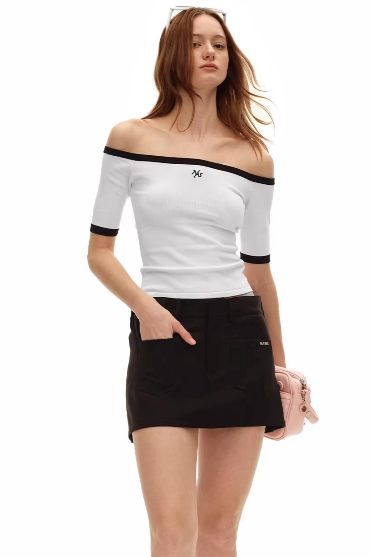 Off-Shoulder Contrast Knit Top