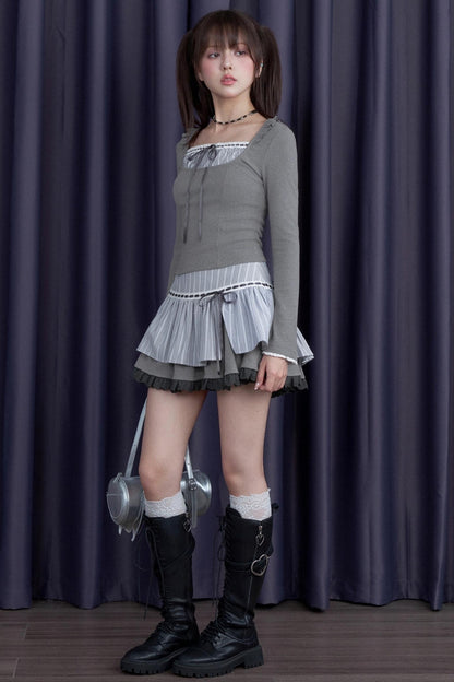 Gray Striped Long-Sleeved T-shirt