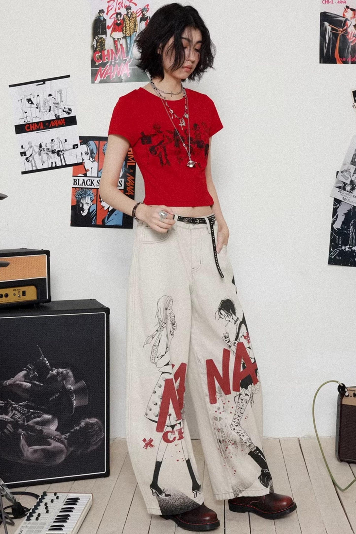 Printed Denim Scimitar Pants