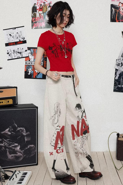Printed Denim Scimitar Pants