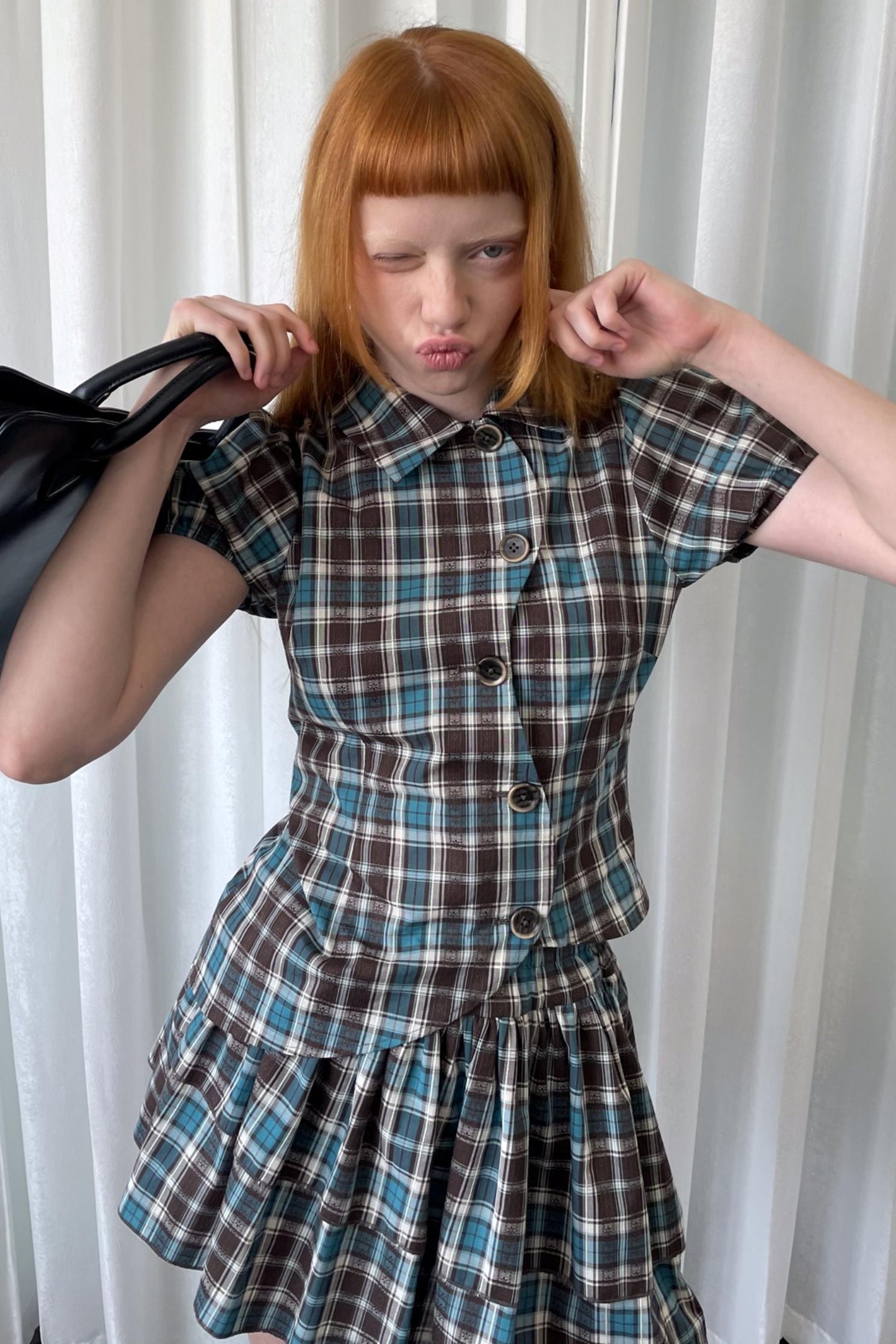 Blue Plaid Two-Piece Top Skirt Set-Up