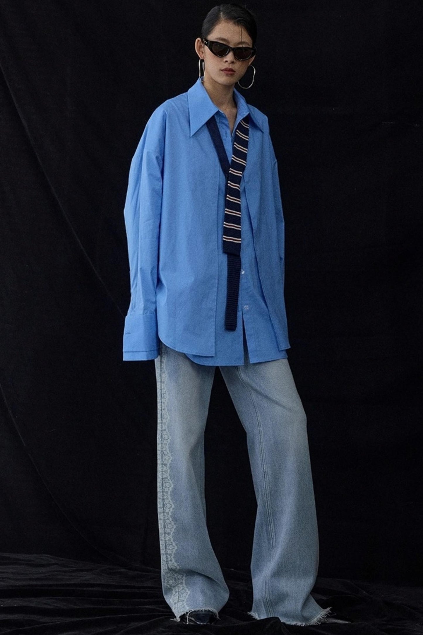 Blue Pointed Long-Sleeved Shirt