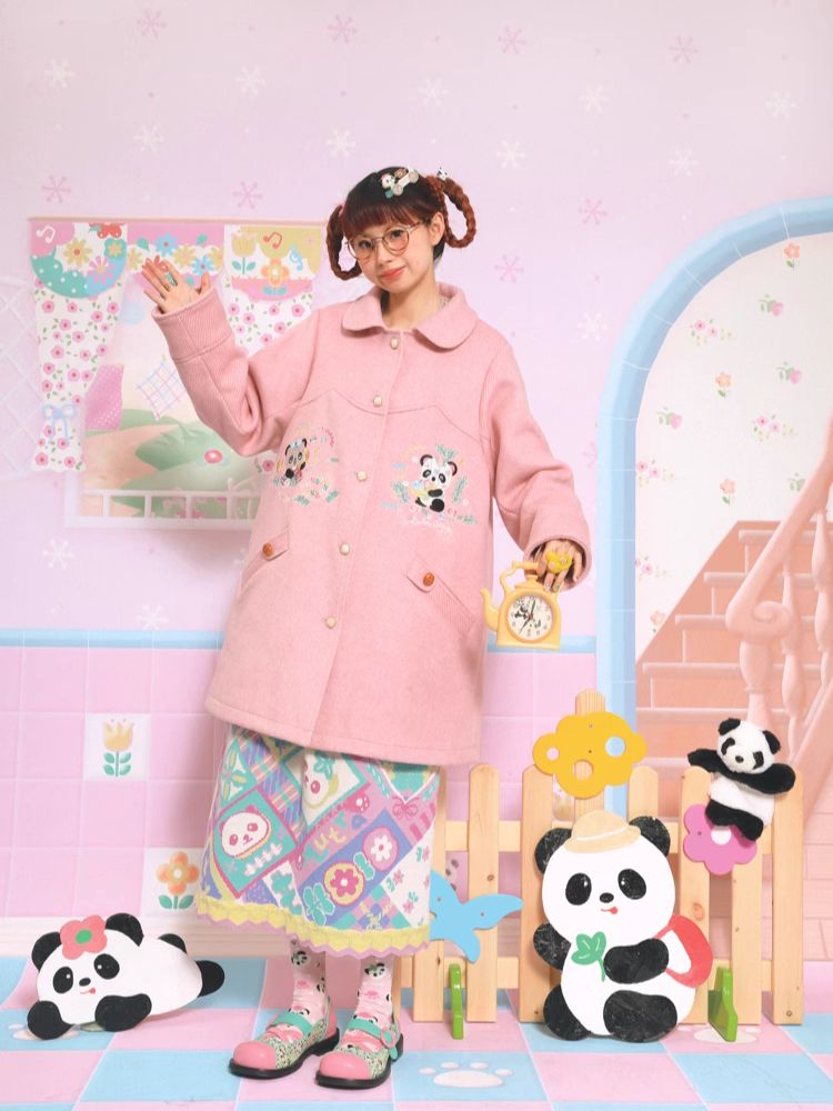 Panda embroidery mid-length coat