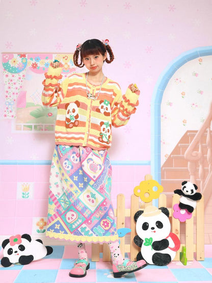 Panda print striped knit cardigan