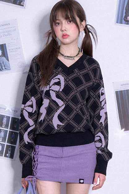 Big Bow Check V-Neck Knit Sweater