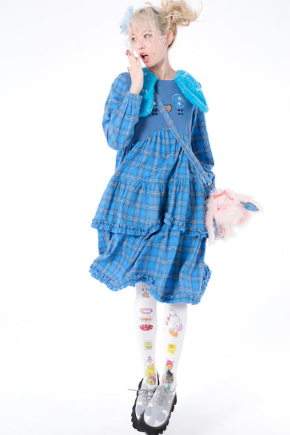 Blue Plaid Long-Sleeved Dog-Print Dress