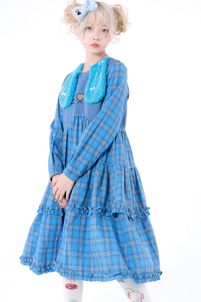 Blue Plaid Long-Sleeved Dog-Print Dress