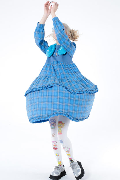 Blue Plaid Long-Sleeved Dog-Print Dress