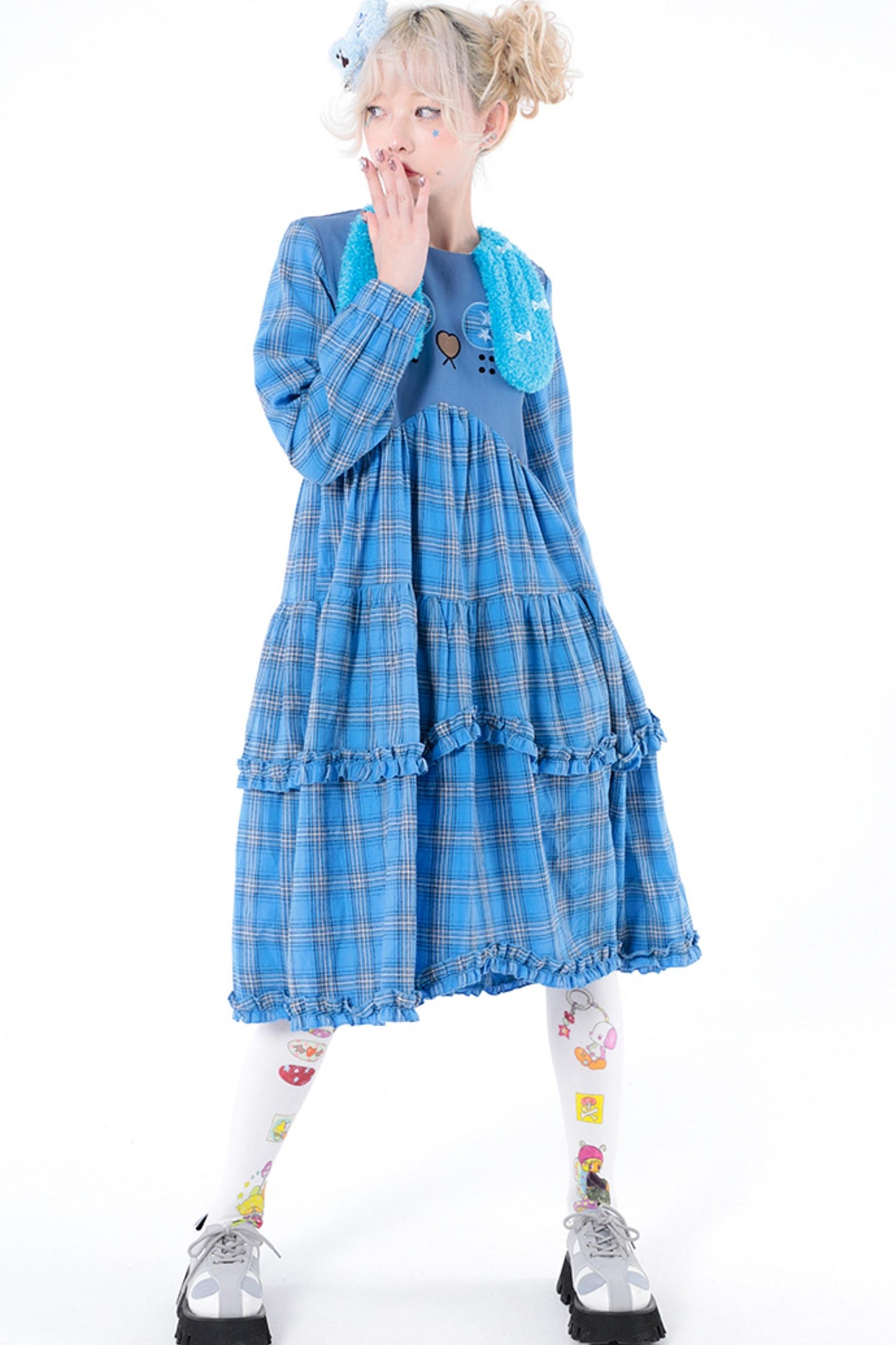 Blue Plaid Long-Sleeved Dog-Print Dress