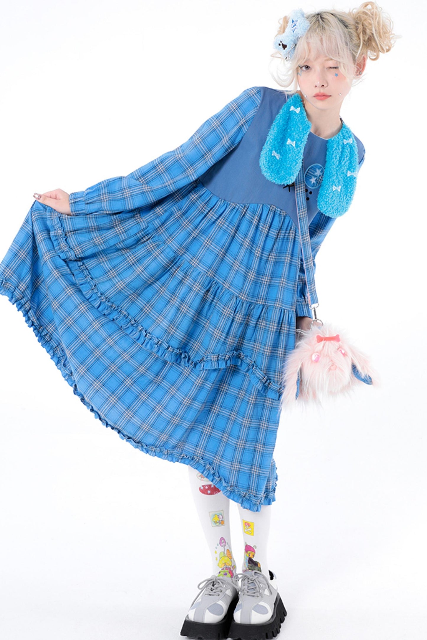 Blue Plaid Long-Sleeved Dog-Print Dress