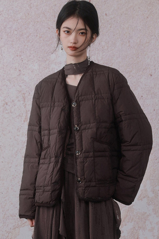 Collarless Sandalwood Quilted Down Jacket