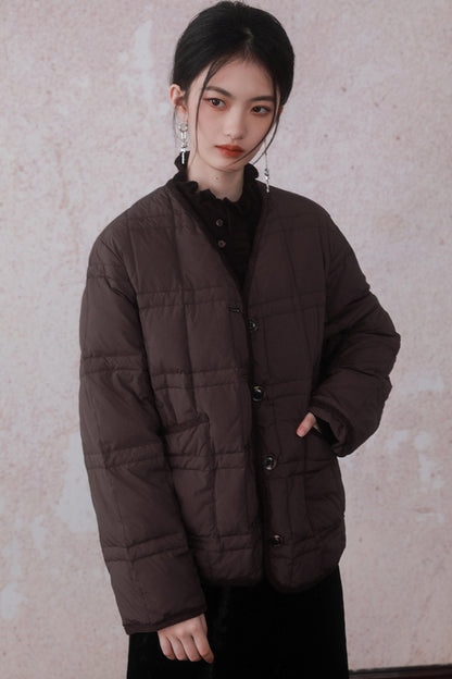 Collarless Sandalwood Quilted Down Jacket