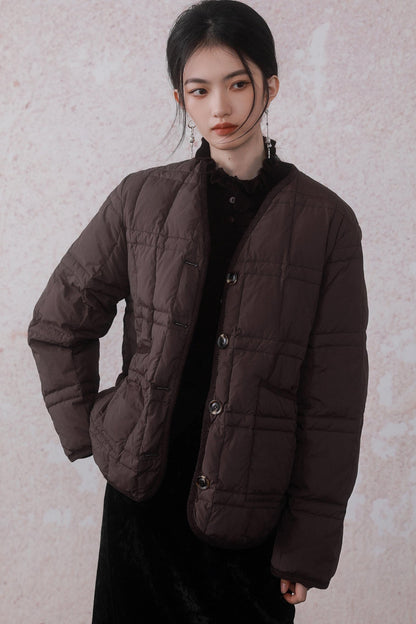 Collarless Sandalwood Quilted Down Jacket