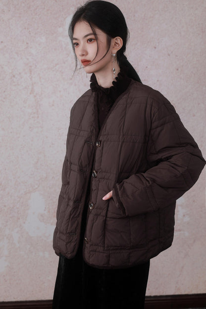 Collarless Sandalwood Quilted Down Jacket