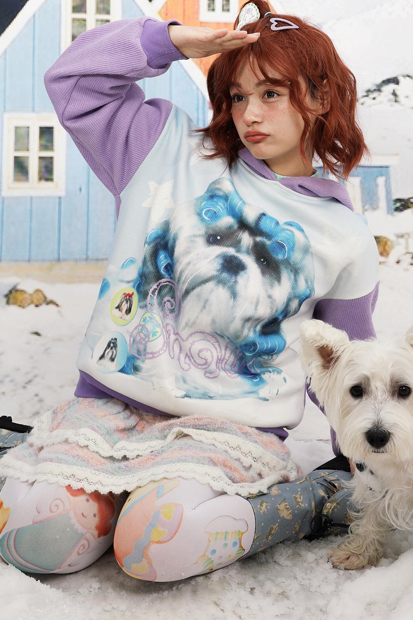 Contrast Dog Print Hooded Sweater