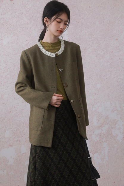 Contrasting Crewneck Button Up Coat