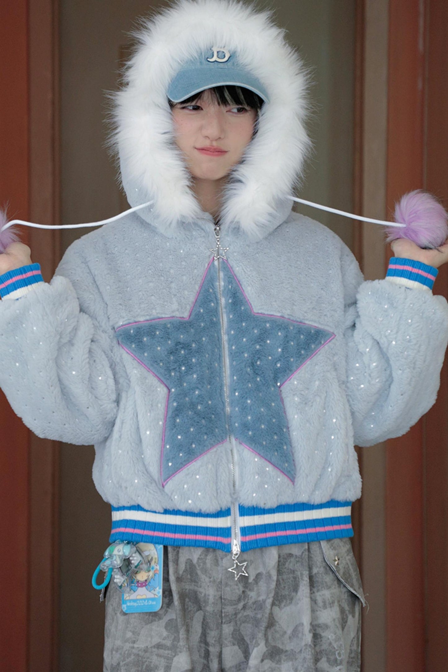 Cotton Blend Hooded Star Plush Jacket