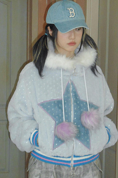 Cotton Blend Hooded Star Plush Jacket