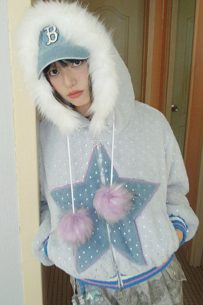 Cotton Blend Hooded Star Plush Jacket