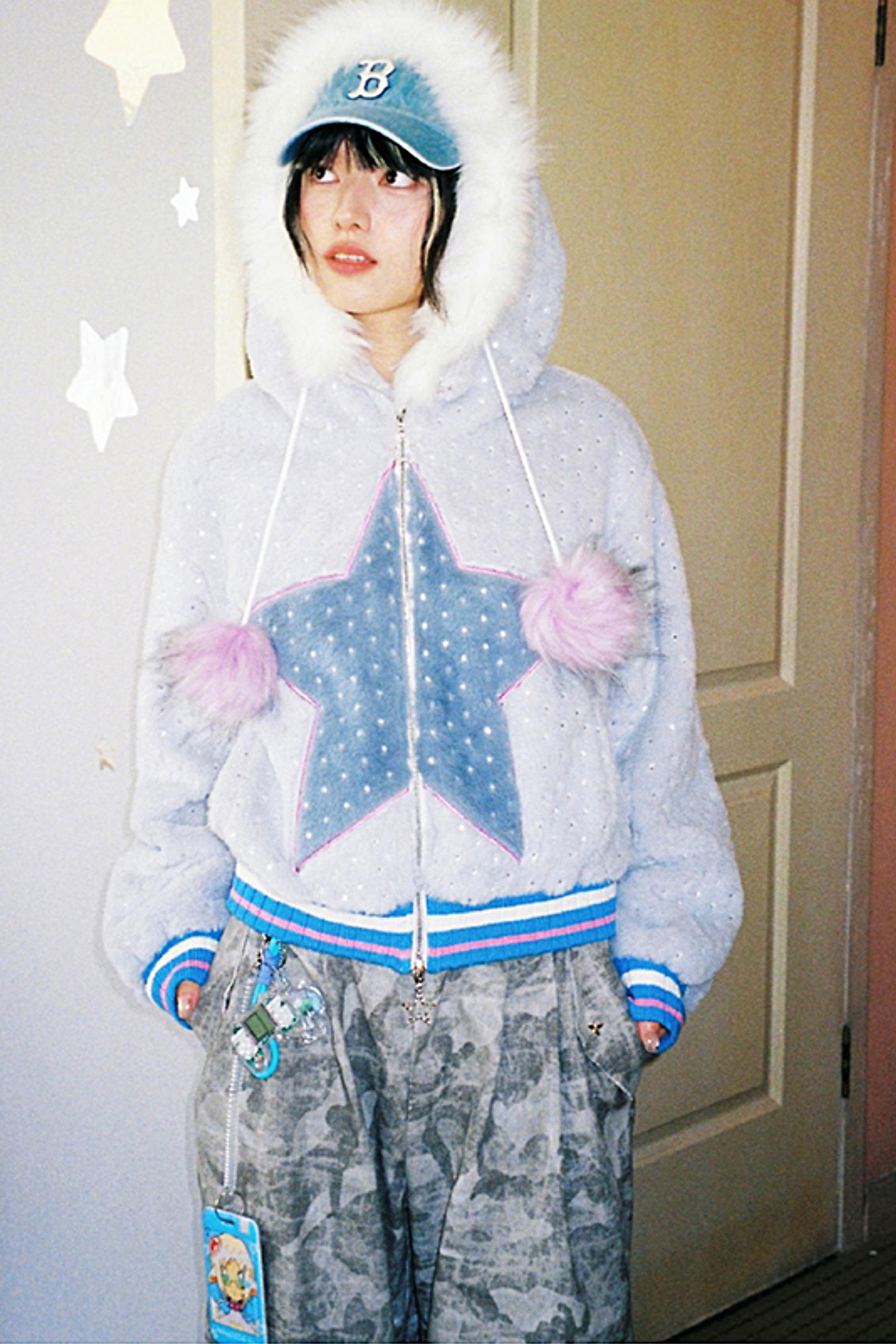 Cotton Blend Hooded Star Plush Jacket