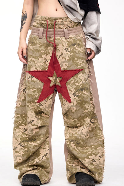 Double Waistband Camouflage Wide-Leg Pants