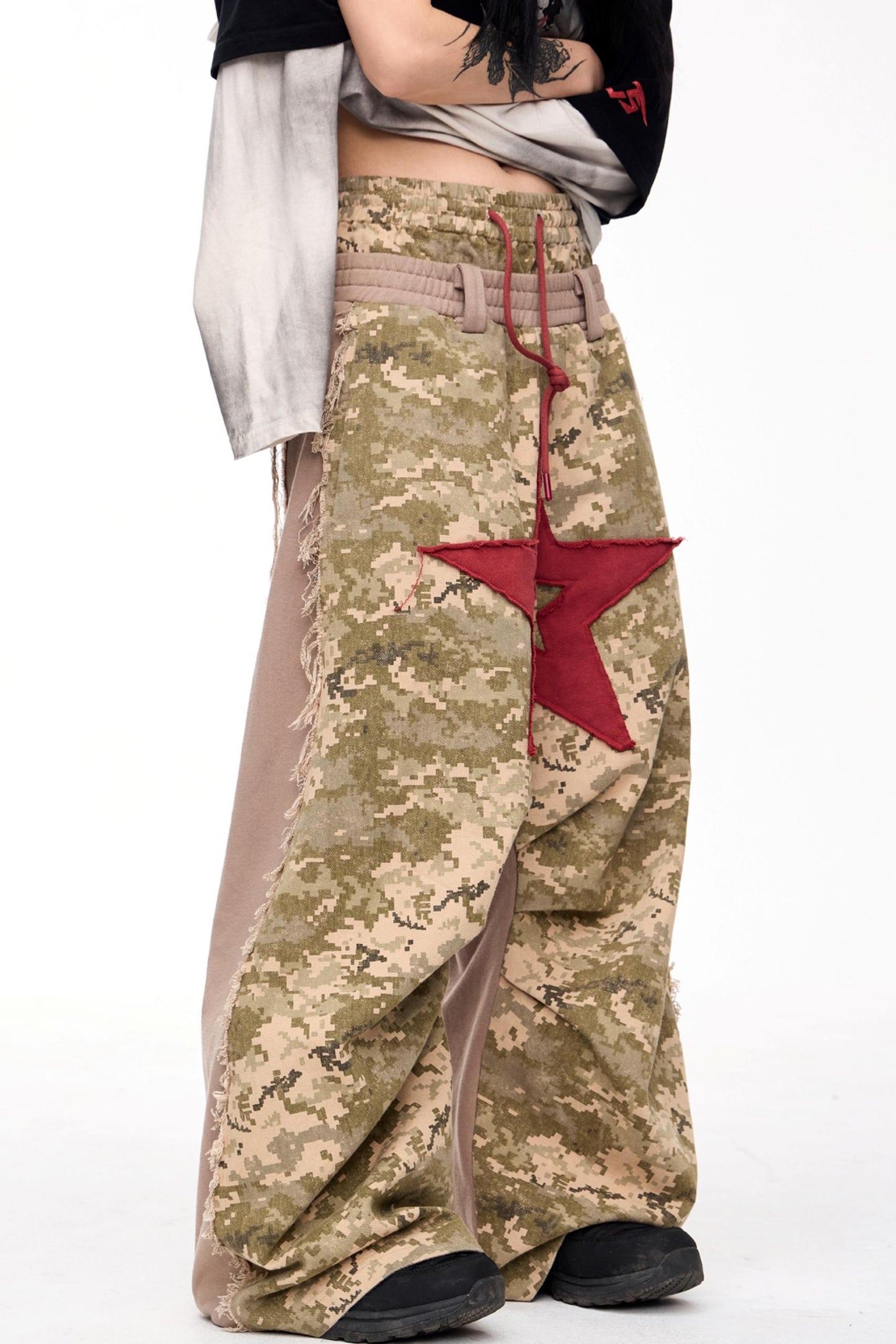 Double Waistband Camouflage Wide-Leg Pants