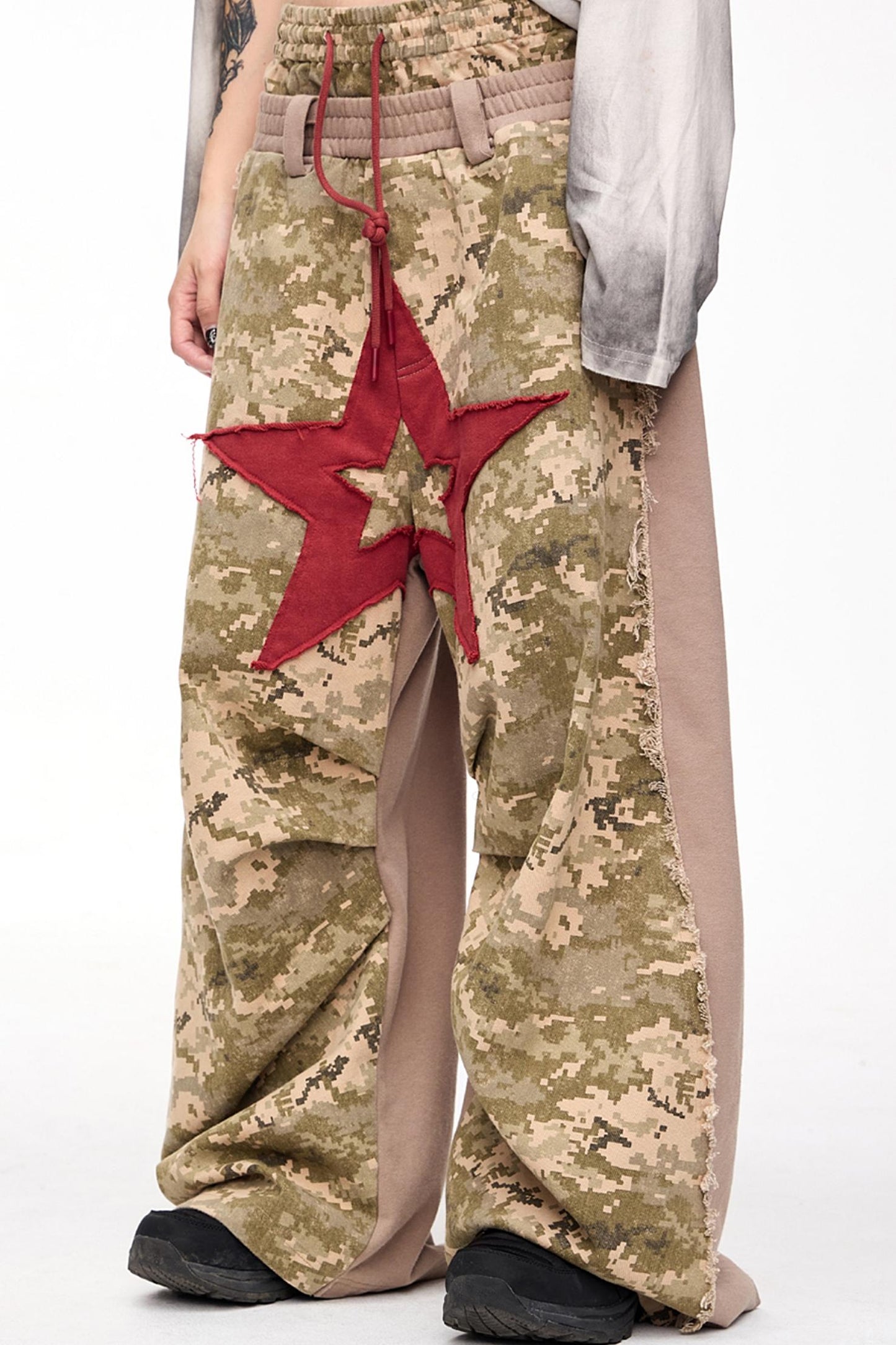 Double Waistband Camouflage Wide-Leg Pants