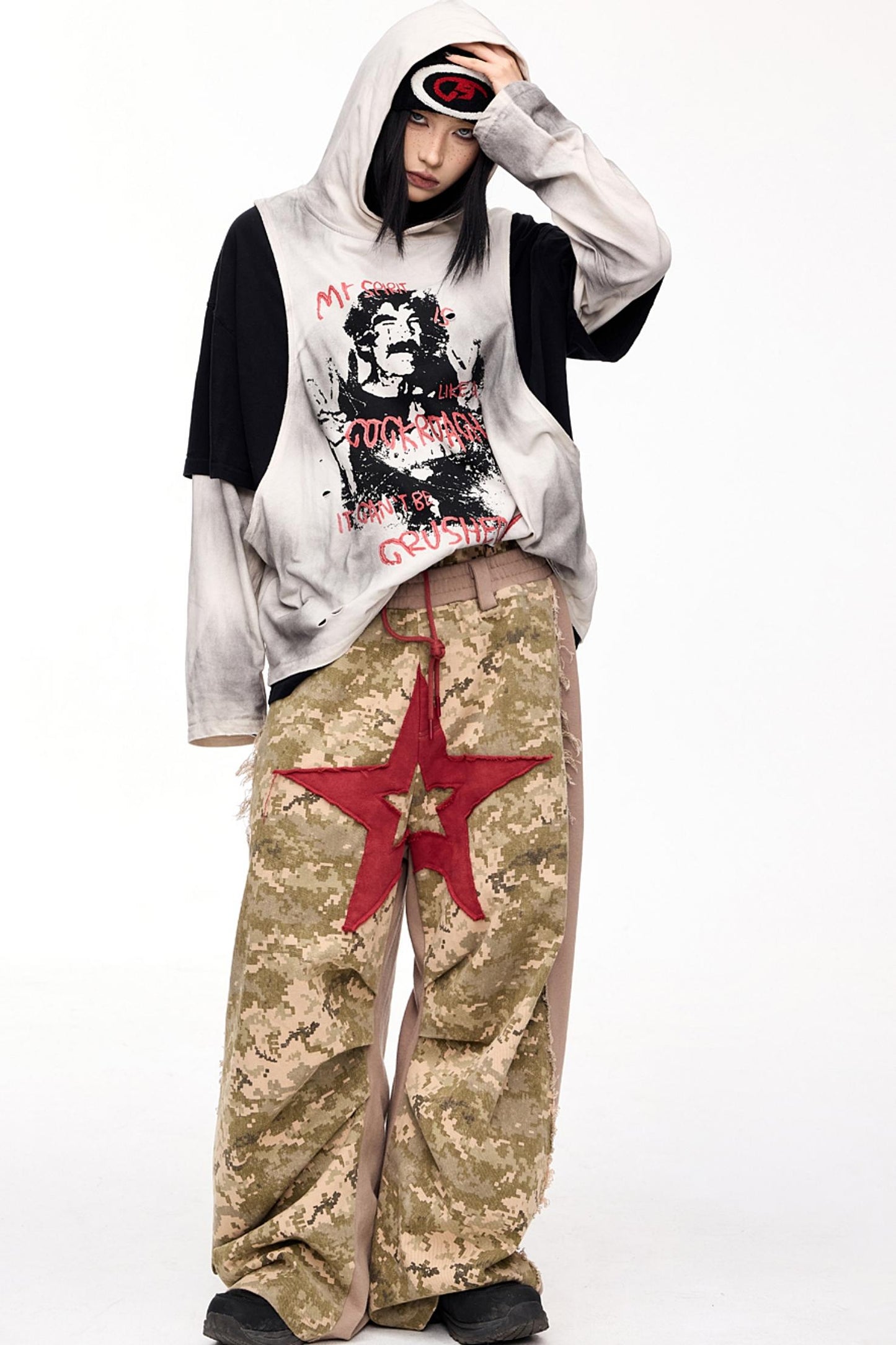 Double Waistband Camouflage Wide-Leg Pants