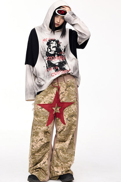 Double Waistband Camouflage Wide-Leg Pants