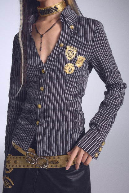 Foil Print Lapel Long Sleeve Shirt