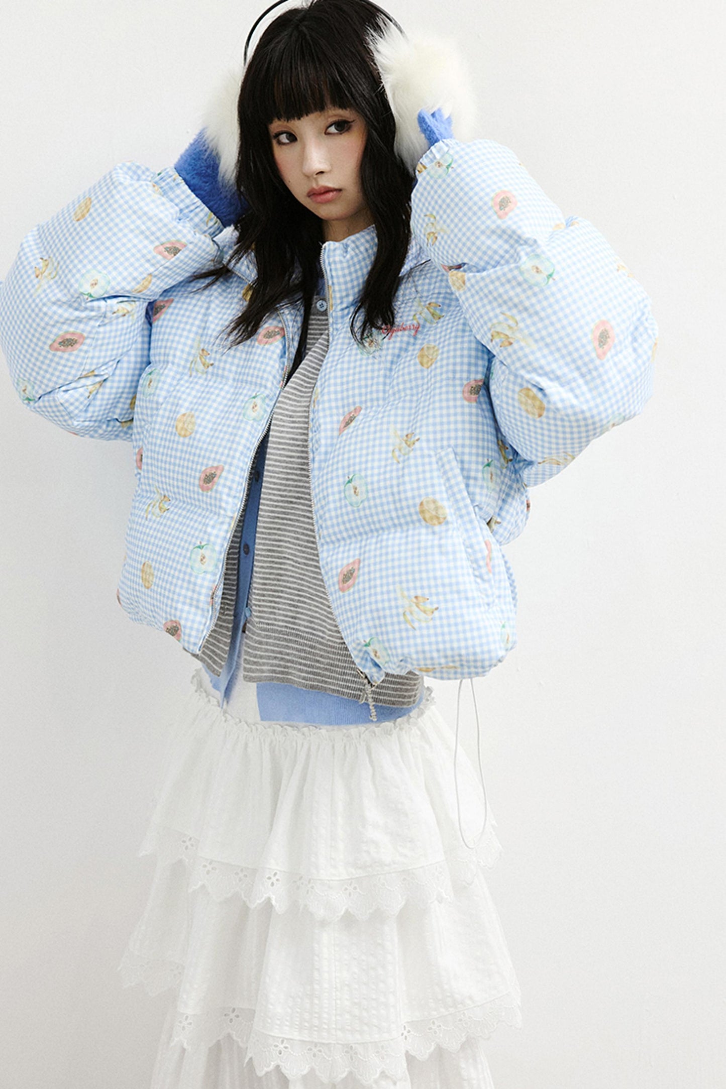 Vintage-Style Sweet Fruit Print Padded Jacket