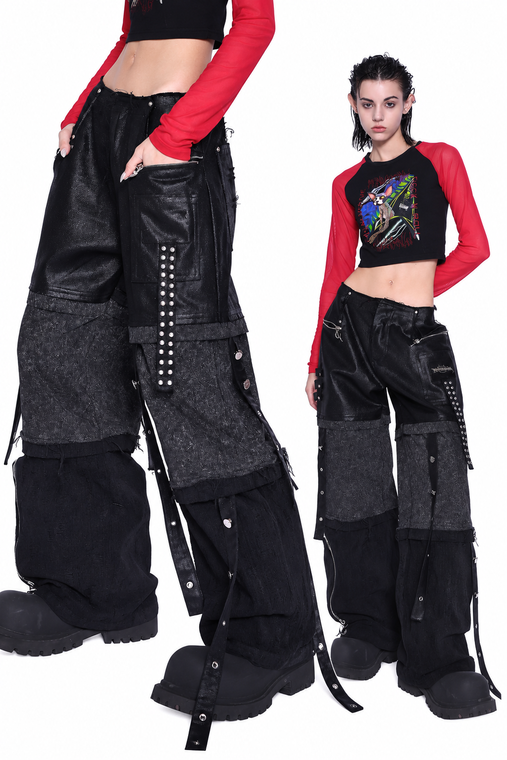 Stacked Patchwork Studded Belt Jeans