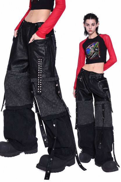 Stacked Patchwork Studded Belt Jeans