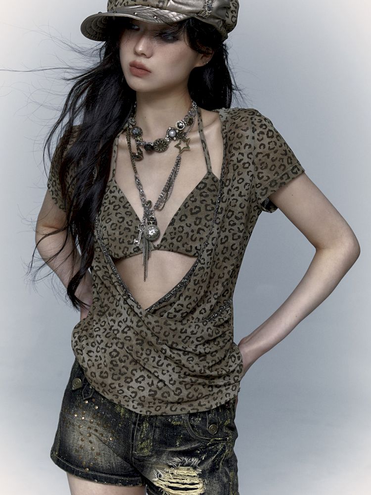 Metallic Leopard Mesh Hooded Hottie Short Sleeve T-Shirt