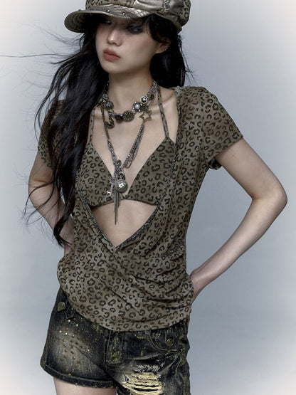 Metallic Leopard Mesh Hooded Hottie Short Sleeve T-Shirt