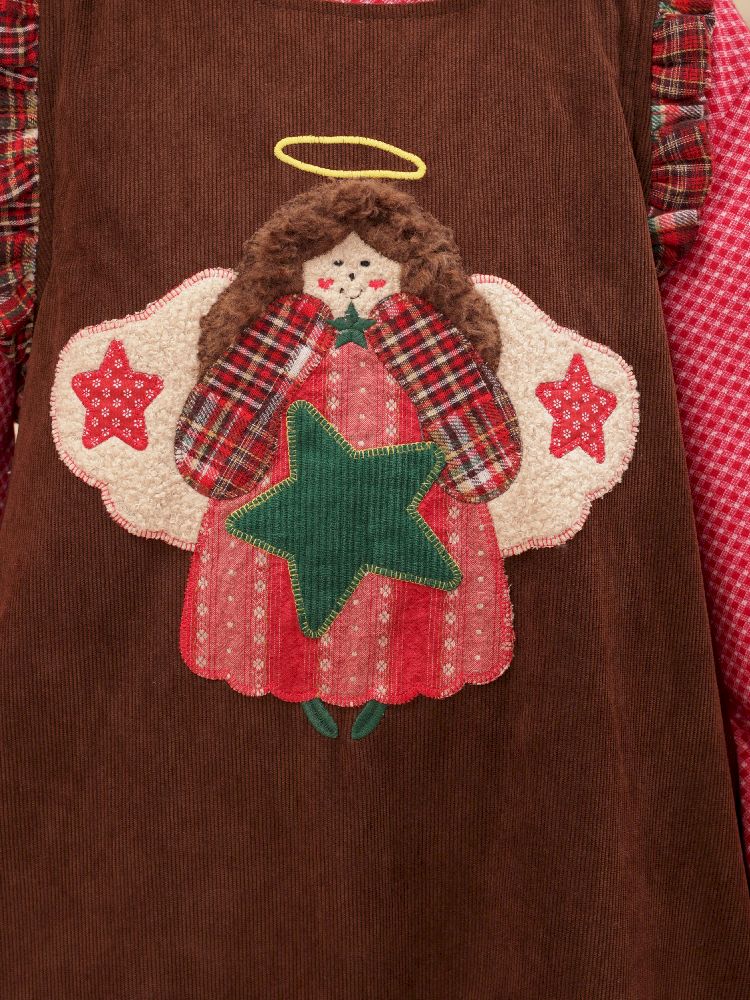 Cherub Color Plaid Appliqué Corduroy Vest Dress