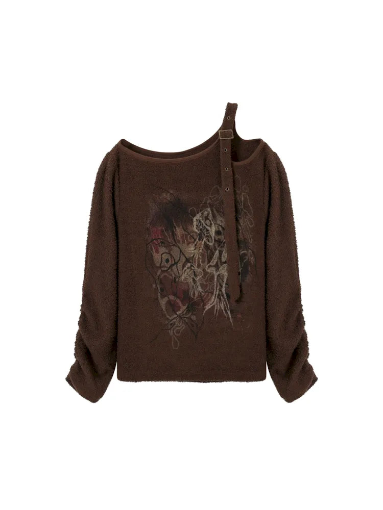 Retro Strapless Long Sleeve Printed Loose Sweatshirt