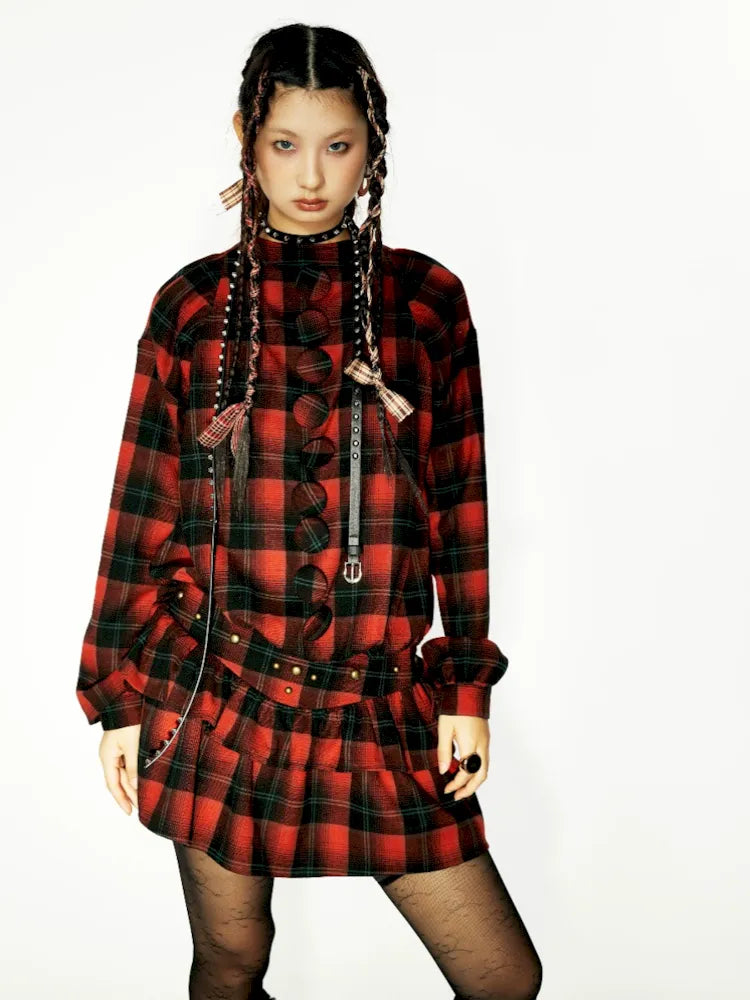 Plaid waist slimming mini cake dress