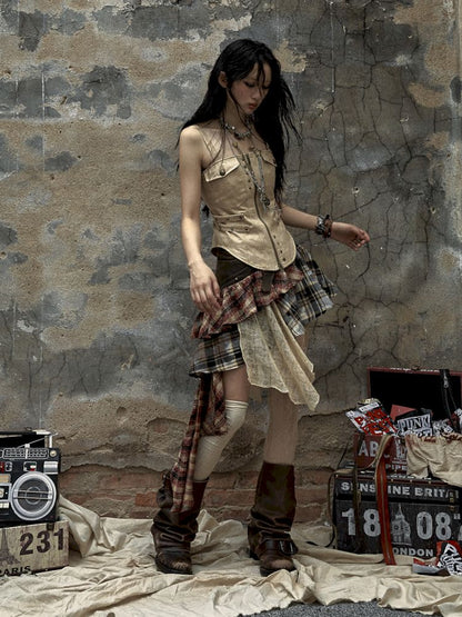 Spliced Plaid Irregular Half-body Skirt