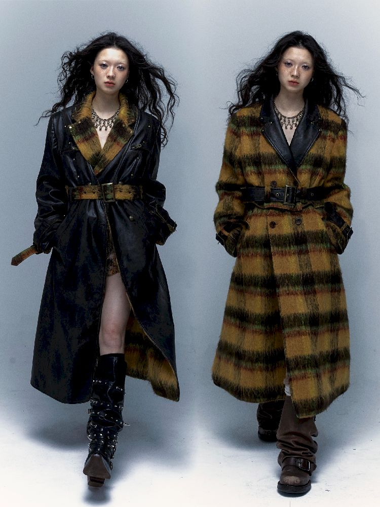 Reversible plaid patchwork leather trench coat