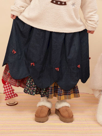 Petal Ribbon Quilted Denim Half-body Skirt